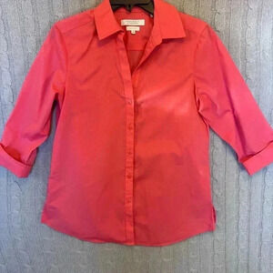 Foxcroft Shirt Womens 8 Pink Shaped Fit Non Iron Button Up 3/4 Sleeves Top